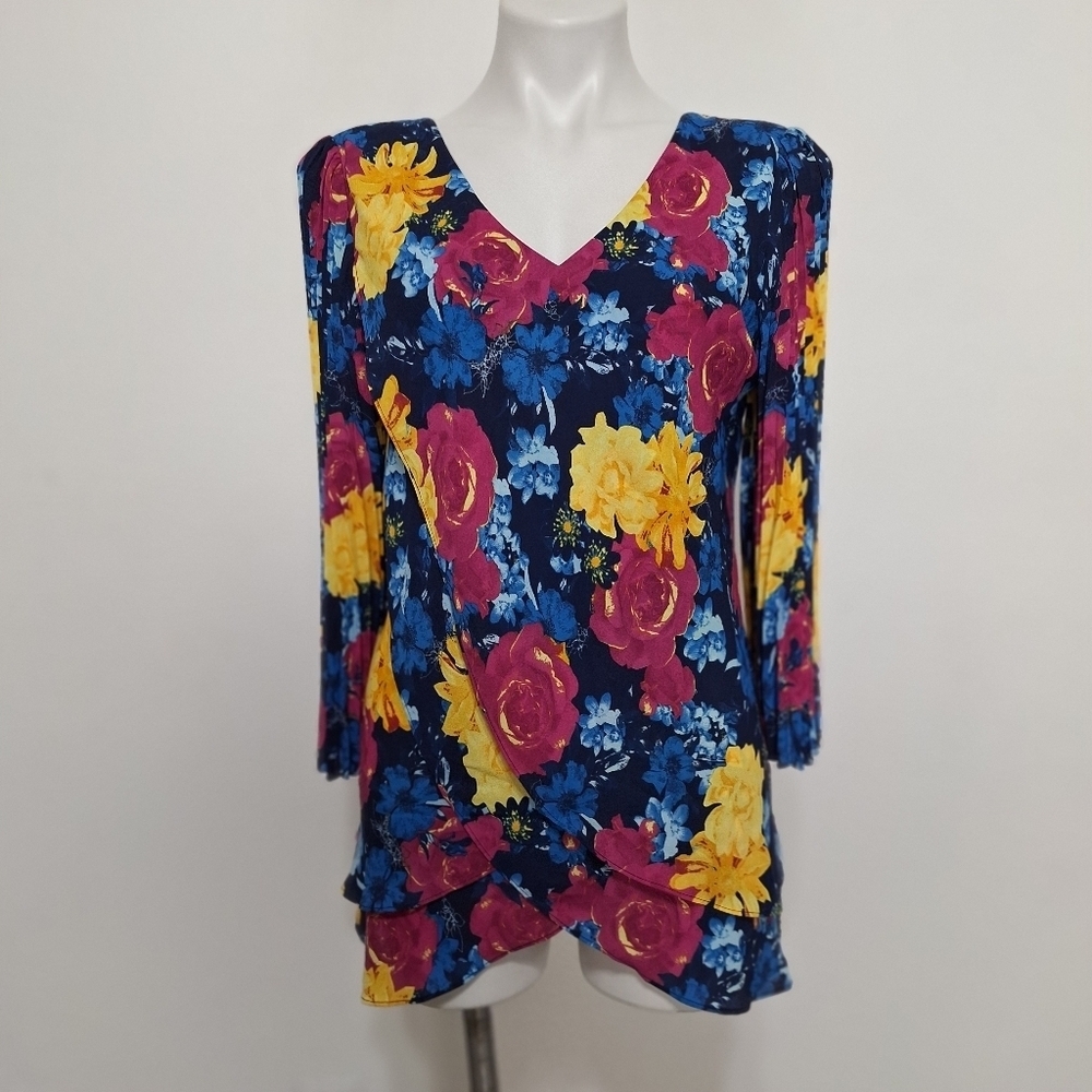 Laurie Felt Multicolor Floral Woven Pleated Bell Sleeve Tunic Blouse Size XS